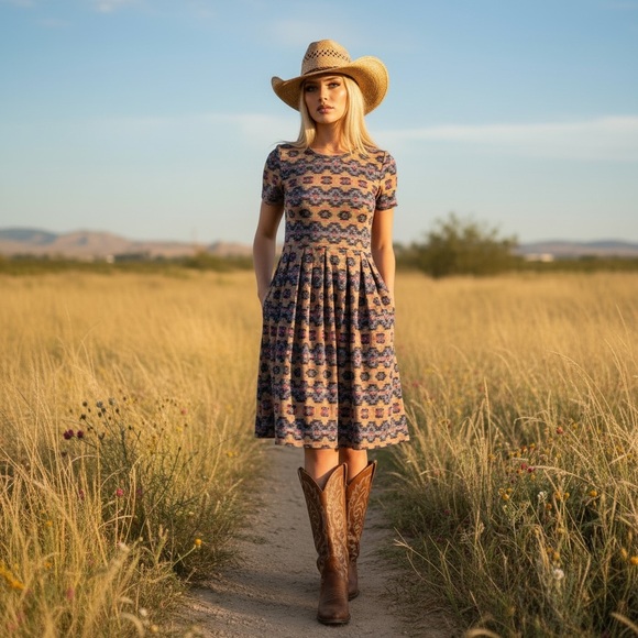 LuLaRoe Dresses & Skirts - LuLaRoe Amelia Multicolor Western Print Fit and Flare Stretch Knit Dress